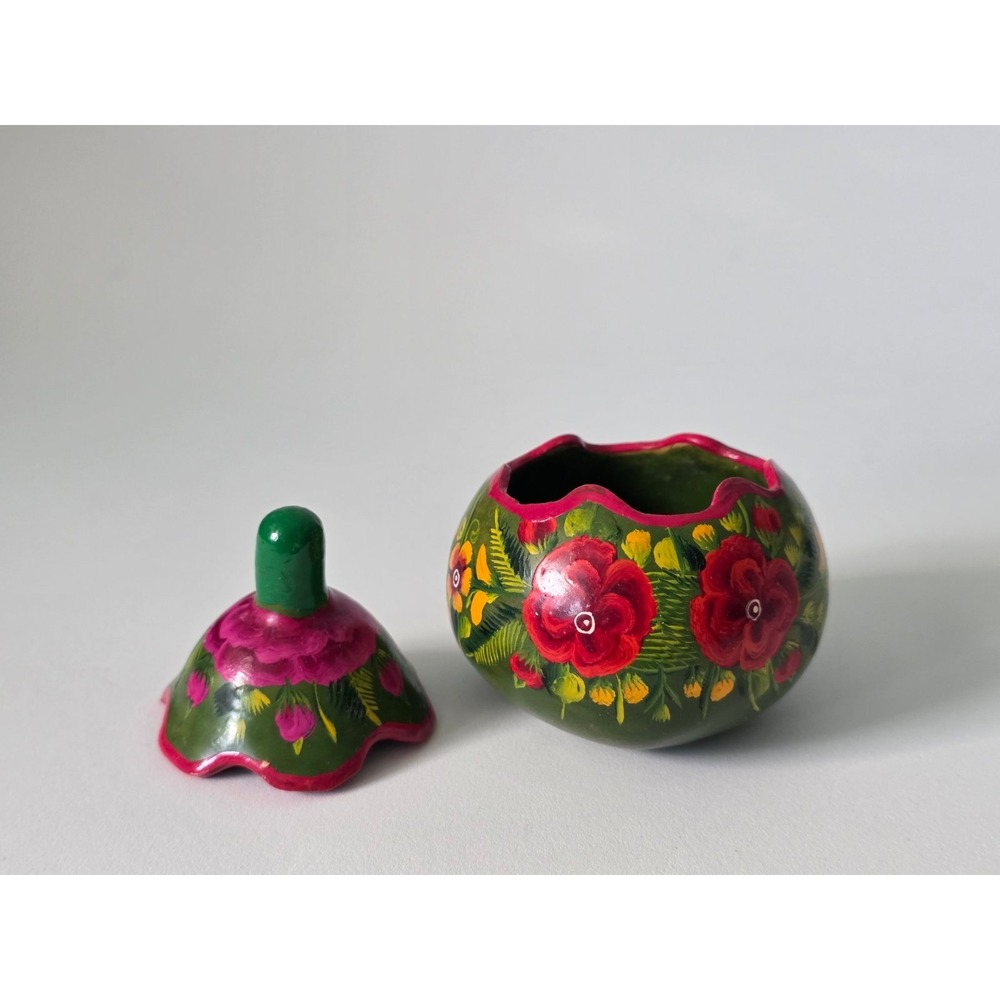 Vintage Hand Painted Wooden Pear Trinket Box Floral Folk Art Green Pink Rose
